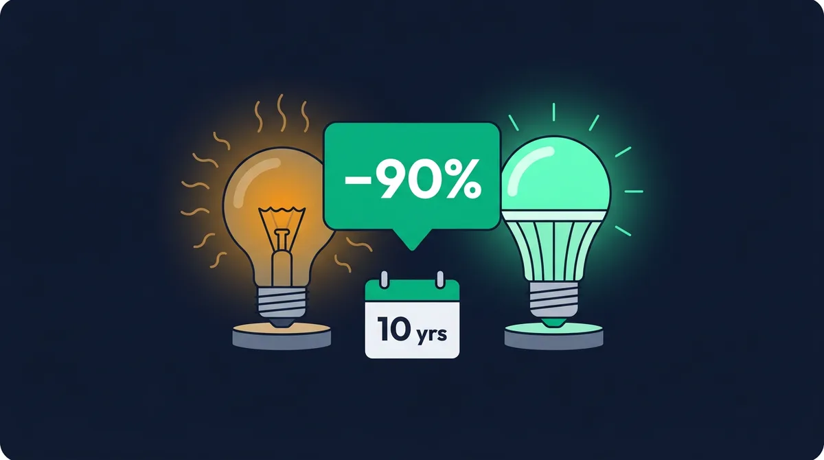 an incandescent bulb glowing dull orange with heat waves next to a bright green LED bulb, a minus 90 percent callout and a 10 years calendar