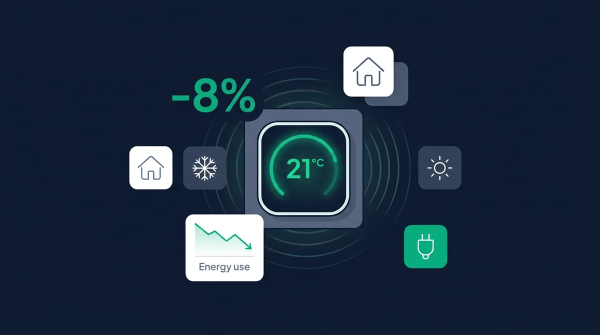 Illustration: a smart thermostat reading 21°C surrounded by energy-use icons, with a minus 8 percent savings callout