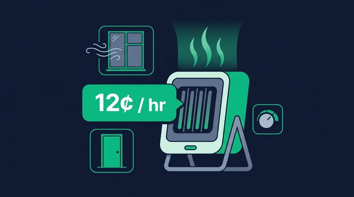 a portable ceramic space heater with heat waves rising, a 12 cents per hour cost callout, window and door icons beside it