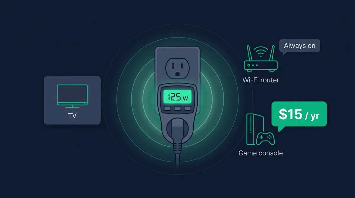 a plug-in energy meter reading 125 watts with a TV, a Wi-Fi router and a game console around it, a 15 dollars per year callout